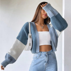 cardigan feminino, cropped feminino, cardigan manga longa, cardigan bloco de cores, cardigan casual, suéter feminino, roupa outono inverno, cardigan tricô, blusa feminina elegante