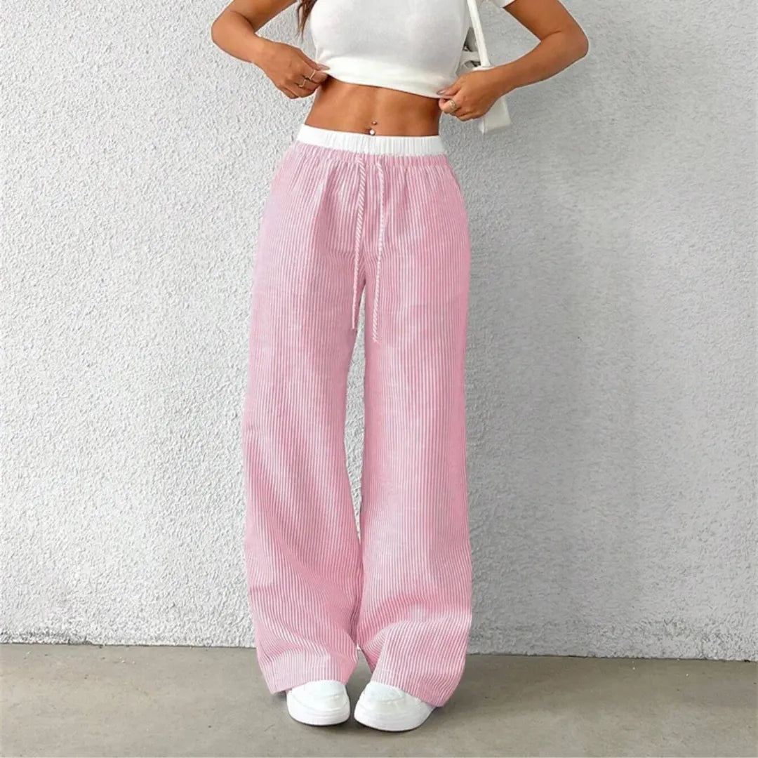 Calça Feminina Listrada Perna Larga – Streetwear Elegante