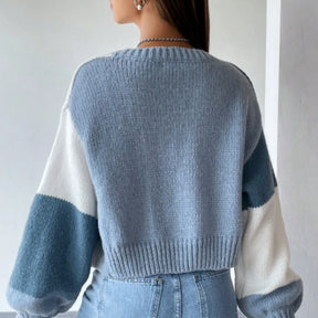 cardigan feminino, cropped feminino, cardigan manga longa, cardigan bloco de cores, cardigan casual, suéter feminino, roupa outono inverno, cardigan tricô, blusa feminina elegante