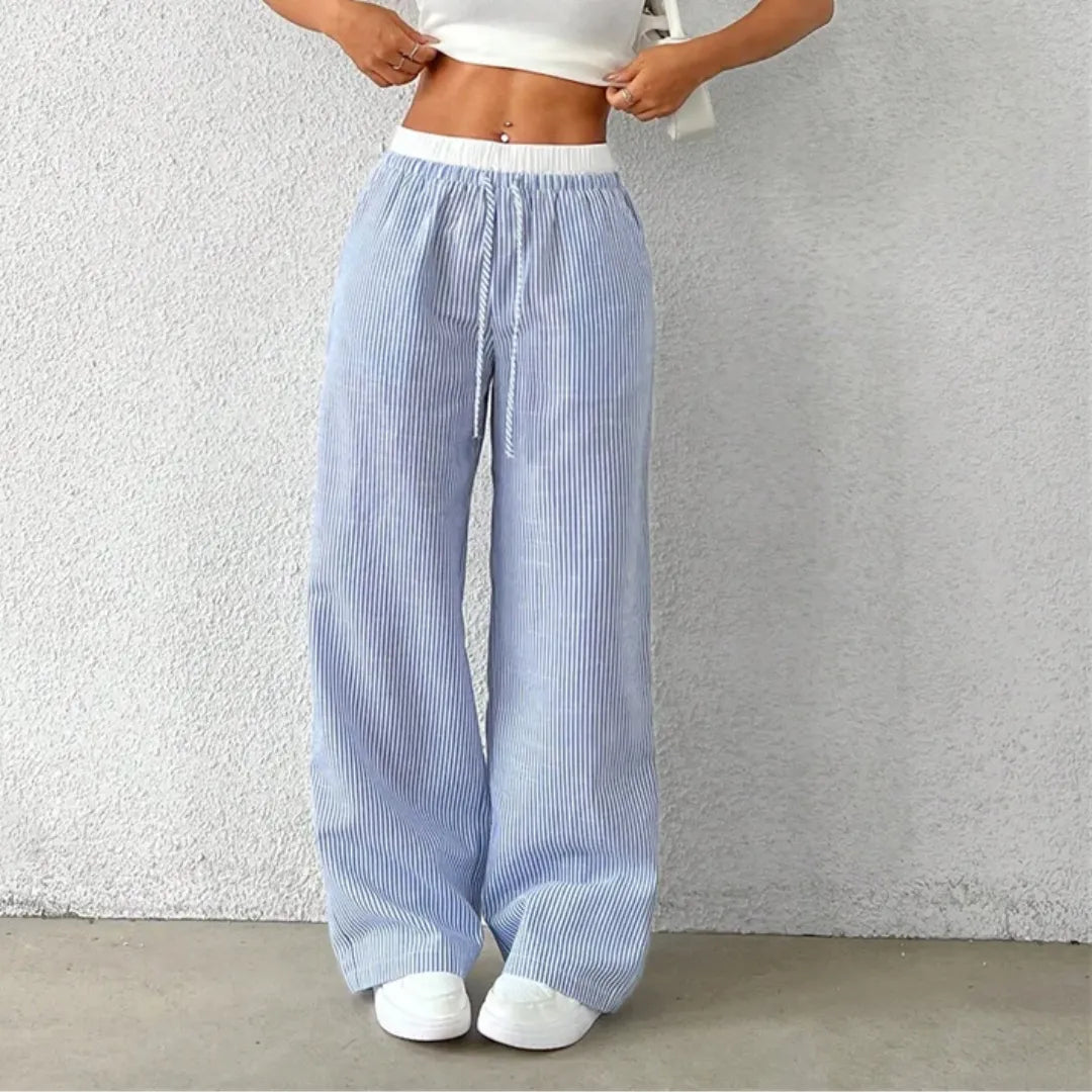 Calça Feminina Listrada Perna Larga – Streetwear Elegante