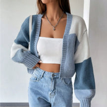 cardigan feminino, cropped feminino, cardigan manga longa, cardigan bloco de cores, cardigan casual, suéter feminino, roupa outono inverno, cardigan tricô, blusa feminina elegante