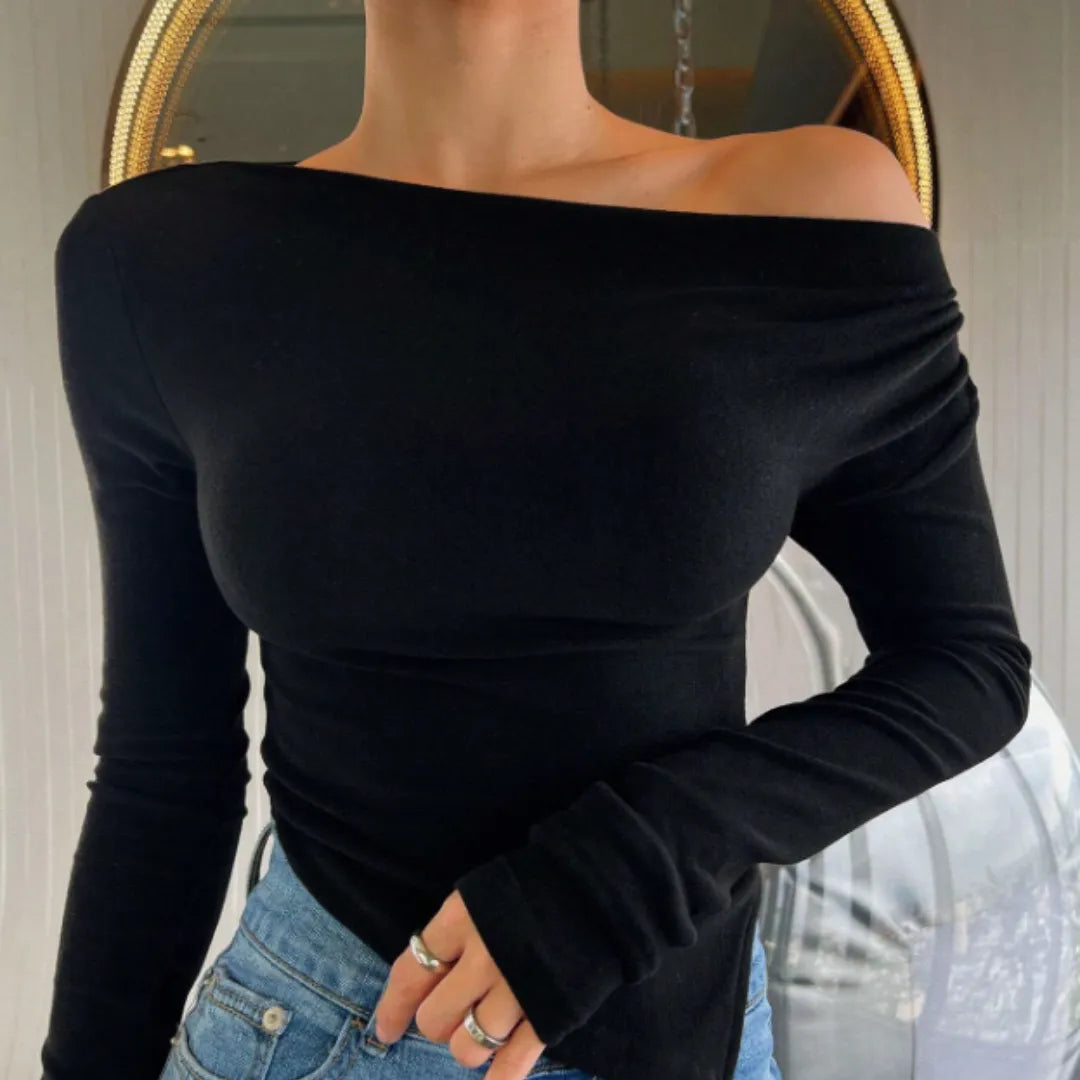 blusa feminina ombro único, blusa assimétrica feminina, blusa manga longa elegante, blusa slim fit, roupa feminina casual chique, blusa feminina para festas, blusa feminina confortável, moda feminina 2025, blusa feminina gola assimétrica