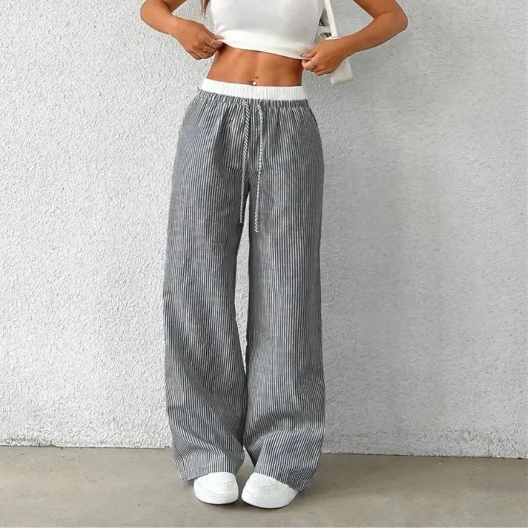 Calça Feminina Listrada Perna Larga – Streetwear Elegante
