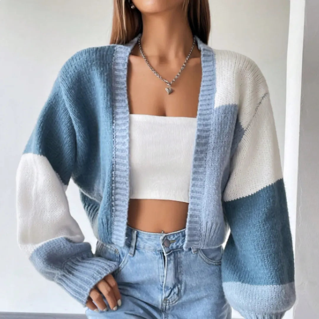 cardigan feminino, cropped feminino, cardigan manga longa, cardigan bloco de cores, cardigan casual, suéter feminino, roupa outono inverno, cardigan tricô, blusa feminina elegante