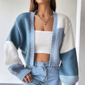 cardigan feminino, cropped feminino, cardigan manga longa, cardigan bloco de cores, cardigan casual, suéter feminino, roupa outono inverno, cardigan tricô, blusa feminina elegante
