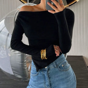 blusa feminina ombro único, blusa assimétrica feminina, blusa manga longa elegante, blusa slim fit, roupa feminina casual chique, blusa feminina para festas, blusa feminina confortável, moda feminina 2025, blusa feminina gola assimétrica