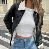 jaqueta feminina motoqueiro, jaqueta feminina gola contrastante, jaqueta couro PU feminina, casaco inverno feminino, jaqueta preta feminina, jaqueta motoqueiro feminina, jaqueta feminina
