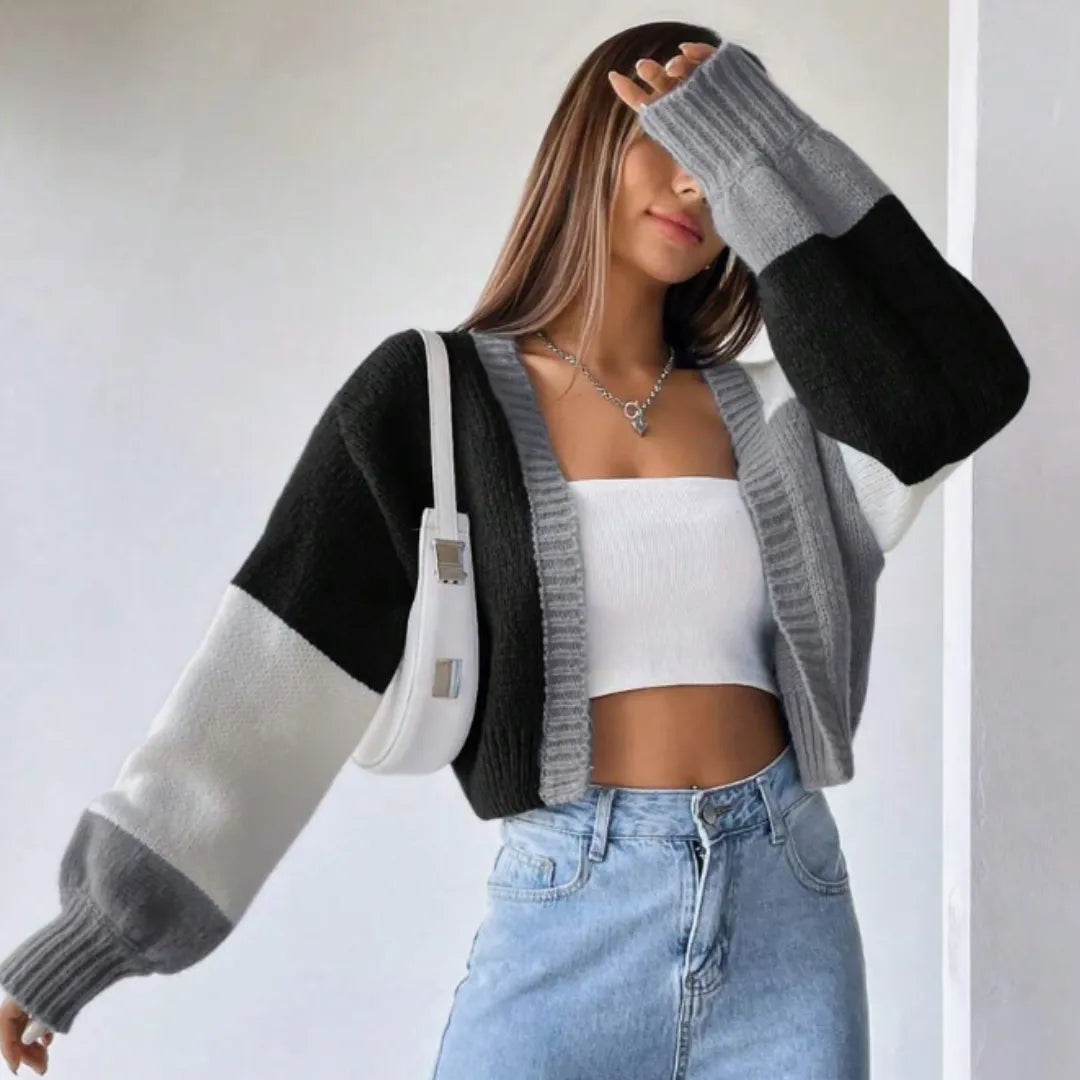 cardigan feminino, cropped feminino, cardigan manga longa, cardigan bloco de cores, cardigan casual, suéter feminino, roupa outono inverno, cardigan tricô, blusa feminina elegante