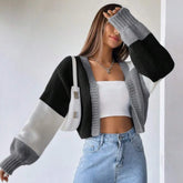 cardigan feminino, cropped feminino, cardigan manga longa, cardigan bloco de cores, cardigan casual, suéter feminino, roupa outono inverno, cardigan tricô, blusa feminina elegante