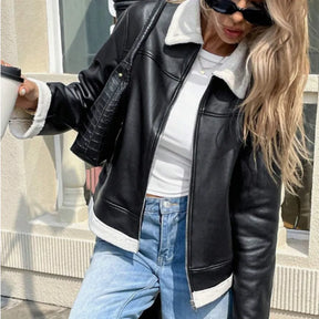 jaqueta feminina motoqueiro, jaqueta feminina gola contrastante, jaqueta couro PU feminina, casaco inverno feminino, jaqueta preta feminina, jaqueta motoqueiro feminina, jaqueta feminina