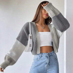 cardigan feminino, cropped feminino, cardigan manga longa, cardigan bloco de cores, cardigan casual, suéter feminino, roupa outono inverno, cardigan tricô, blusa feminina elegante