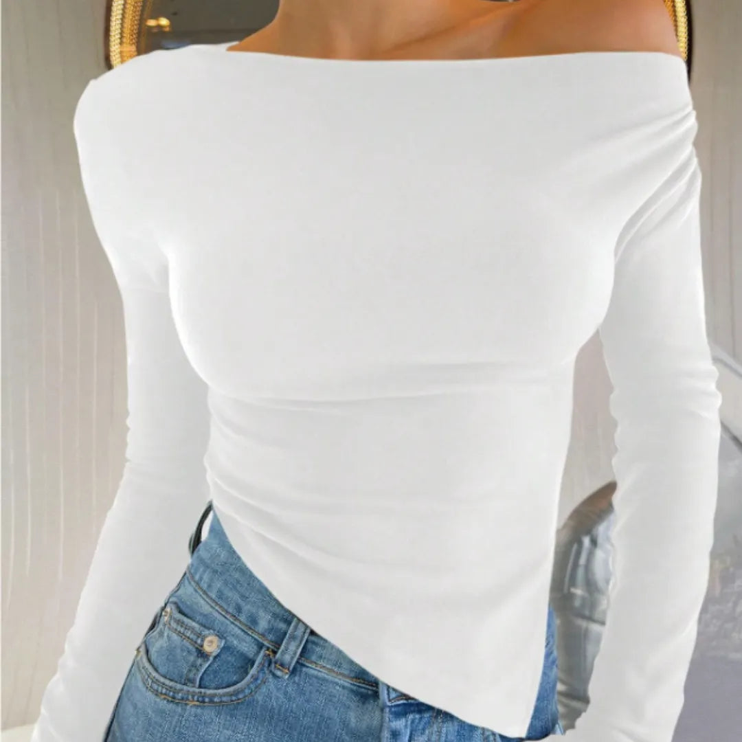 blusa feminina ombro único, blusa assimétrica feminina, blusa manga longa elegante, blusa slim fit, roupa feminina casual chique, blusa feminina para festas, blusa feminina confortável, moda feminina 2025, blusa feminina gola assimétrica