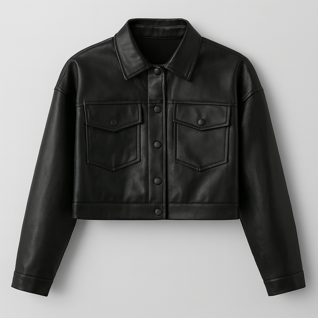jaqueta cropped feminina, jaqueta couro sintético preta, jaqueta feminina com bolsos, jaqueta preta curta, jaqueta outono inverno feminina, jaqueta feminina moderna, jaqueta urbana feminina