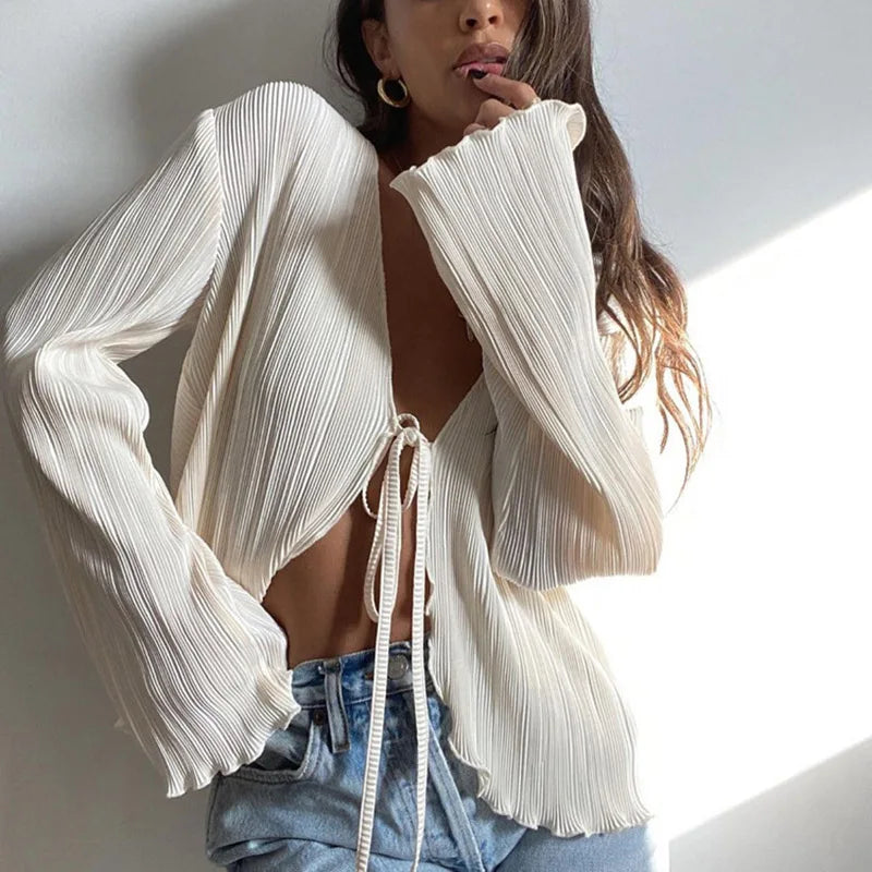 Blusa Feminina Plissada com Amarração – Manga Longa Chique