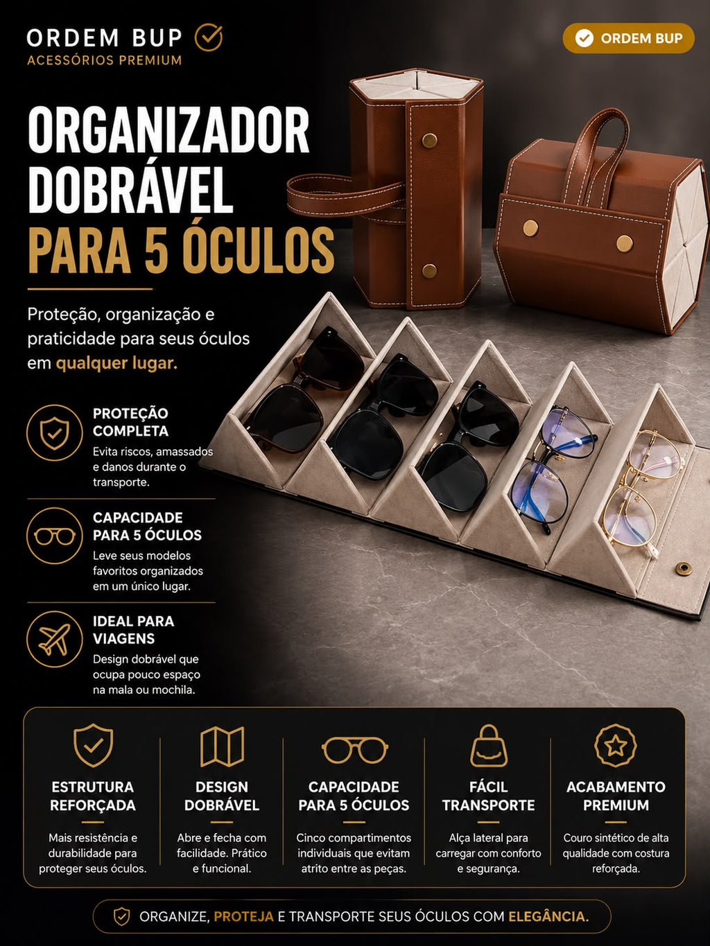 Organizador dobravel para até 5 óculos