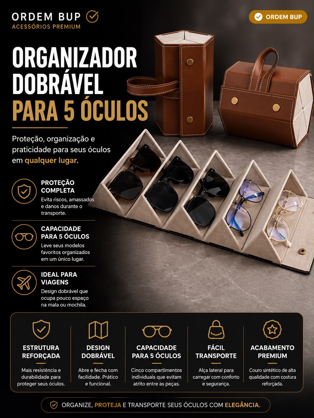 Organizador dobravel para até 5 óculos