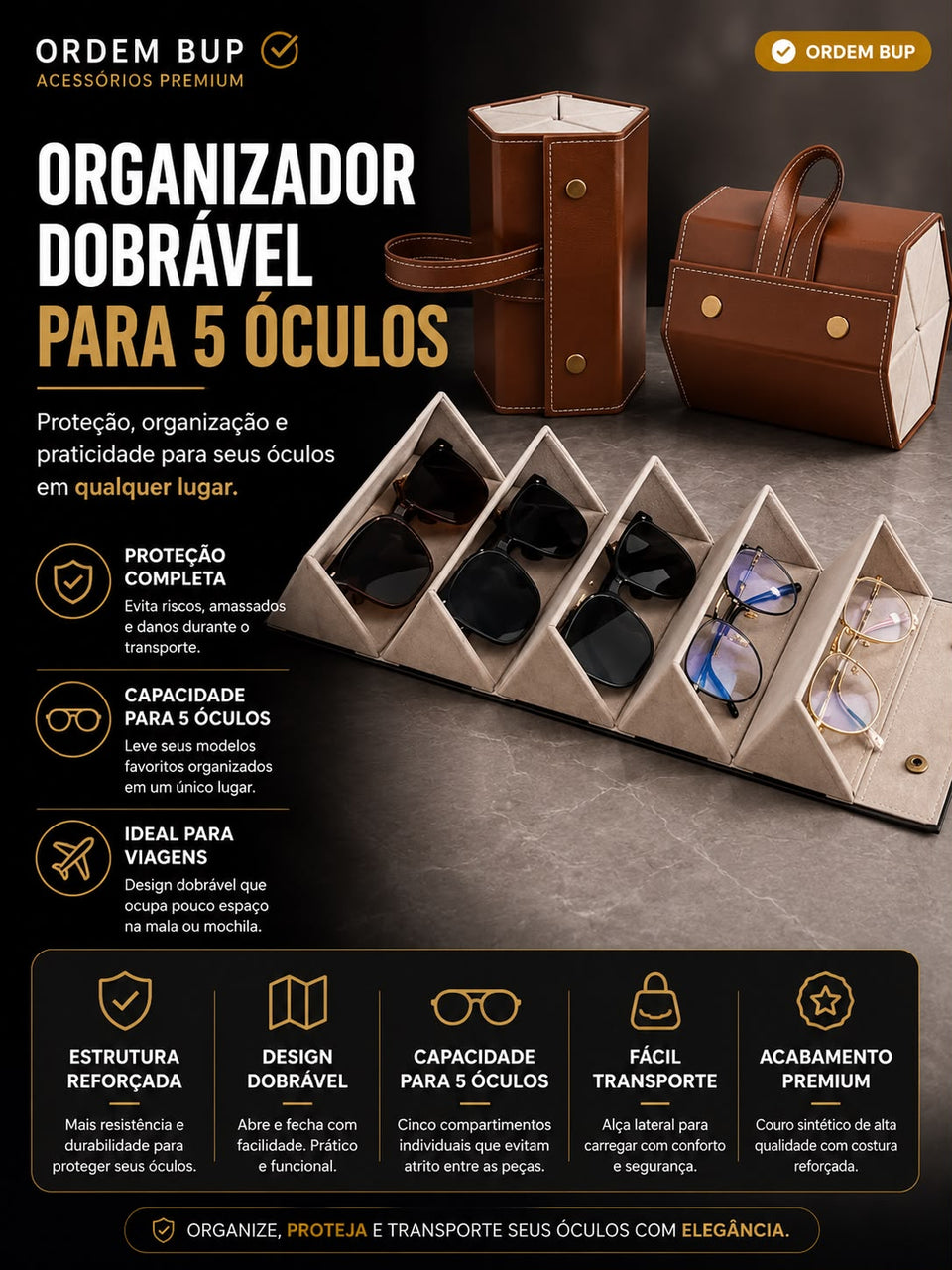 Organizador dobravel para até 5 óculos